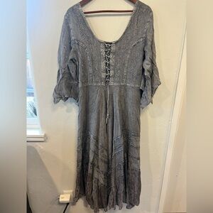 Flower Embroidered Boho Renaissance Stonewashed Bell Sleeve Corset dress